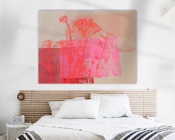 Rote Blüten auf Weiß, Lila und Neonpink von Dina Dankers