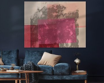 Taupefarbene Blumen auf Rot, Neonpink und Weiß von Dina Dankers