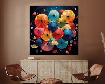 Illustratie van kleurrijke Japanse paraplu's op zwart