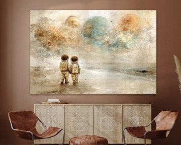 Astronauten aan Zee - Dromerige Kinderillustratie van Peter Pen tekeningen en schilderijen