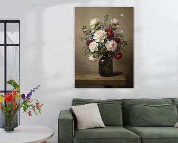 Blumenstillleben mit Rotkehlchen und Schmetterlingen