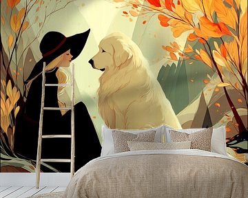 Autumn Leaves under the Pyrenean Mountain Dog