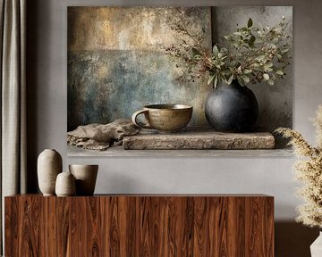 Dunkles Stilleben mit Keramik und Zweigen von Joriali Fine Art