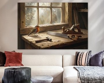 Alte Werkbank mit Rotkehlchen - Schreiner von gestern von Emiel de Lange