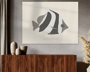 Minimalistische und bunte Illustration eines Wimpelfischs in Grautönen von UMA Digital NL