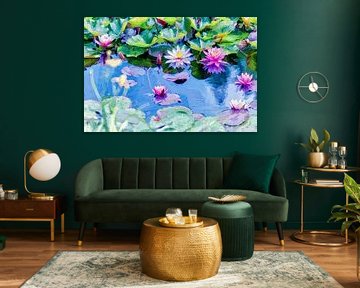 Vijver met bloeiende waterlelies van Paula van den Akker