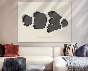 Een minimalistische illustratie van een anemoonvis, ook wel bekend als clownvis in grijstinten