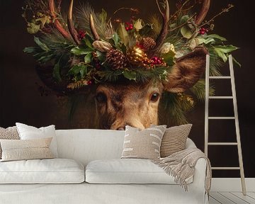 winterportret van een hert met feestelijke kroon