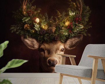 winterportret van een hert met feestelijke groene kroon