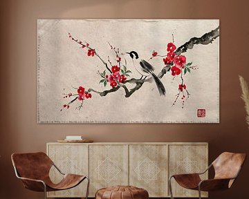 Minimalist ZEN: Japanese songbird on Red Blossom Branch by Studio Pieternel