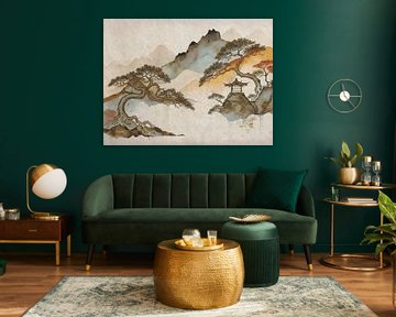 Tijdloze Zen: Japans Landschap met Pagode en Pijnboom van Studio Pieternel