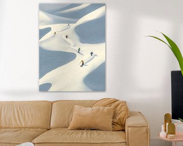 Paysage hivernal minimaliste avec des skieurs en mouvement