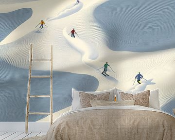 Minimalistisch winterlandschap met skiërs in beweging