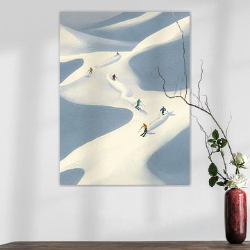 Minimalistische Winterlandschaft mit Skifahrern in Bewegung