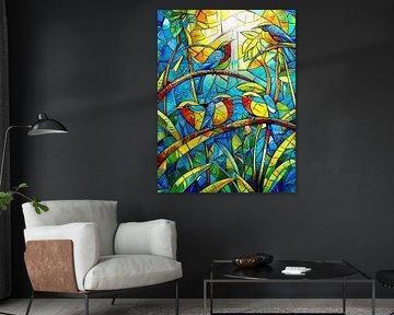 Vitrail abstrait d'oiseaux tropicaux sur Jan Bechtum