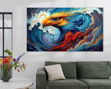 Adler erhebt sich majestätisch aus tobenden Wellen: Greifvogel mit feuriger Mähne, heroischem Blick und goldakzentuierter Abstraktion der Kraft von Natur und Fantasie von AidasignArt