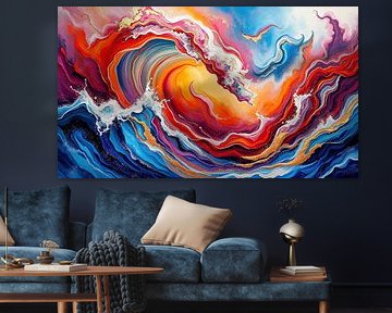 Abstract seascape painted in an impasto style: Roaring waves with white spray, cool blue tones and warm red, purple and orange tones with gold-coloured accents