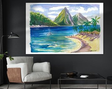 Saint Lucia Pitons above a quiet bay with beach