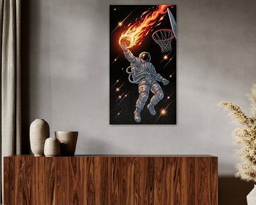 Astronaut Dunking Fiery Basketball Dynamische Raumfahrt Illustration mit kosmischer Energie von AciiidArt