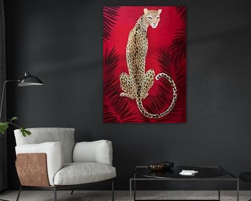 Trône royal du léopard au milieu des palmiers pourpres