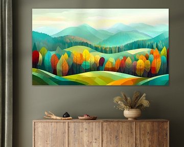 Forêt et collines colorées, art naïf, automne