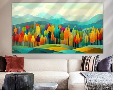 Forêt et collines colorées, art naïf, automne