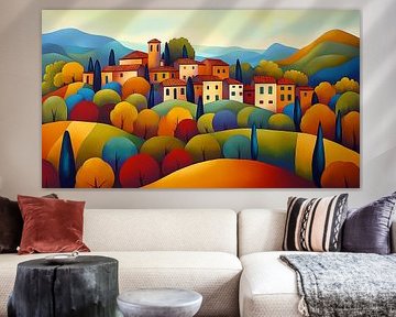 Colourful landscape Tuscany in autumn, naive art by Jan Bechtum