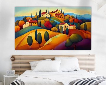 Paysage coloré de Toscane en automne, art naïf