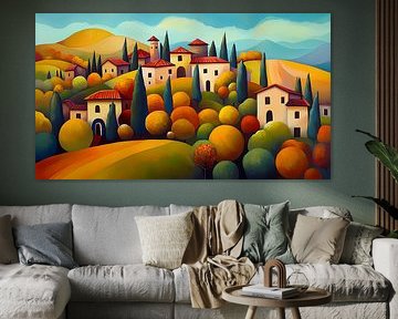 Colourful landscape Tuscany in autumn, naive art by Jan Bechtum