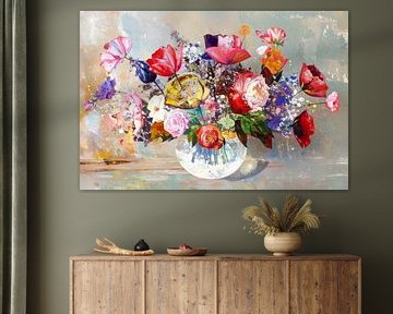 Summer Still Life: Colourful Flower Bouquet in Glass Vase