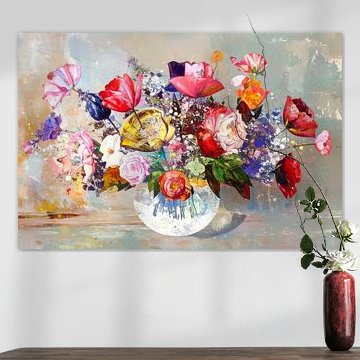 Zomers Stilleven: Kleurrijk Bloemenboeket in Glazen Vaas