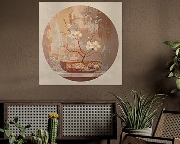 Japandi Art : Branche fleurie sereine dans des tons de terre calmes sur Studio Pieternel