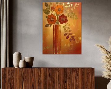 Golden Glow: Art Deco Blumenstillleben in warmen Orangetönen von Studio Pieternel