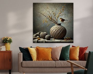 Gelbe Beeren und Stille - ländliches Blumenstillleben mit Vogel