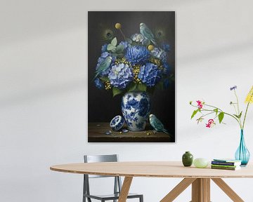 Stilleven met parkieten en Delftsblauwe vaas