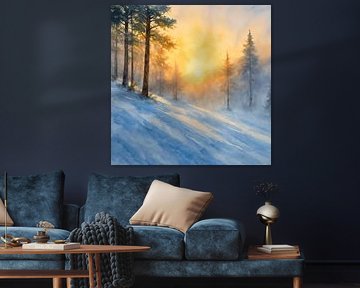 Paysage de neige avec brouillard et lever de soleil (AI) (piste, sports d'hiver, ski, colline, paix, calme) sur Natalie Bruns