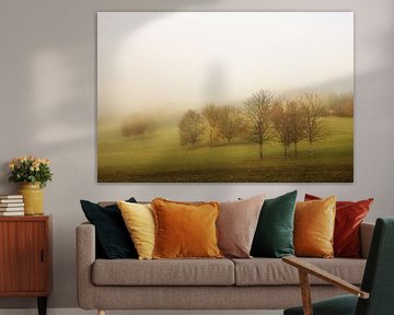 Paysage automnal avec brouillard et un peu de soleil près d'Eigeltingen dans le Hegau sur BlattArt - Christine Horn