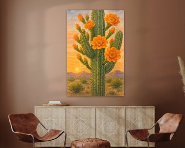 Blühender Kaktus Sonnenuntergang Wüste (AI) (orange Blume, Landschaft, Natur, Mexiko, fröhlich) von Natalie Bruns
