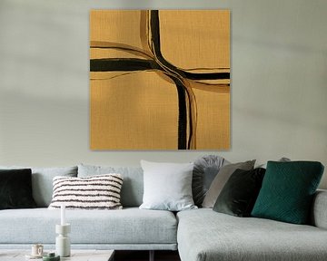 Minimalist abstract line art on linen: Ochre yellow