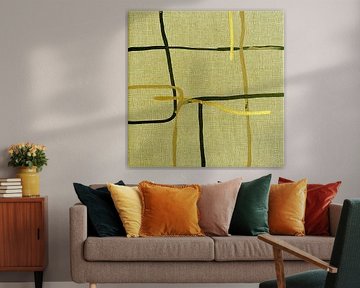 Minimalist abstract line art on linen: Light olive green