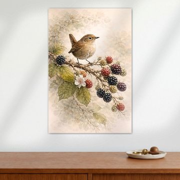 Blackberries and wren - botanical bird studies