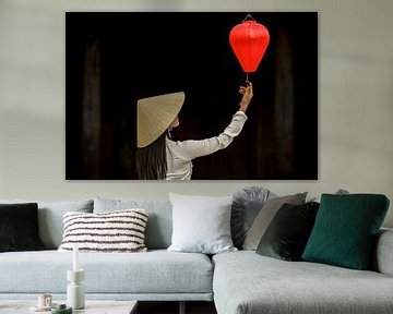 Hoi An, with Ao Dai and red lantern by Ton van den Boogaard