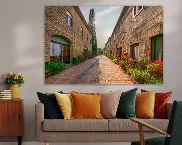 Straat in Sovana, bloemen en oud gebouw. Toscane, Italië van Stefano Orazzini