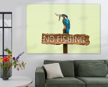 Kingfisher with fish on plate 'no fishing'.