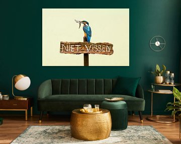 Kingfisher with fish on sign 'don't fish'.