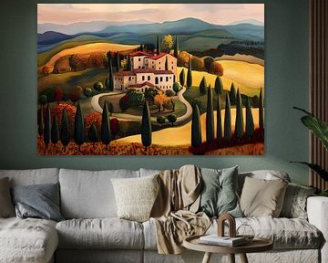 Colourful landscape Tuscany in autumn, naive art by Jan Bechtum