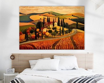 Colourful landscape Tuscany in autumn, naive art by Jan Bechtum