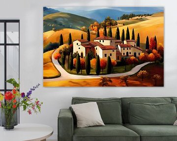 Colourful landscape Tuscany in autumn, naive art by Jan Bechtum