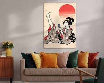 Ukiyo-e Absurde Komedie Poster - Doomscrollende Geisha Meme Kunst
