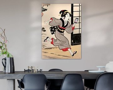 Ukiyo-e komedie poster - Paniek rennende geisha meme kunst